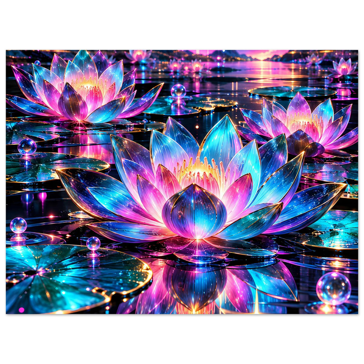 Neon-Lotus-Poster im Querformat: leuchtende Lotusblumen in Blau, Pink und Violett.