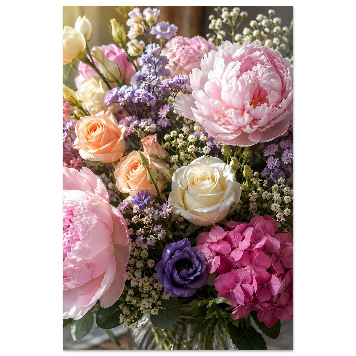 Blumenstrauß-Poster im Hochformat mit cremefarbenen Pfingstrosen und pinken Blüten