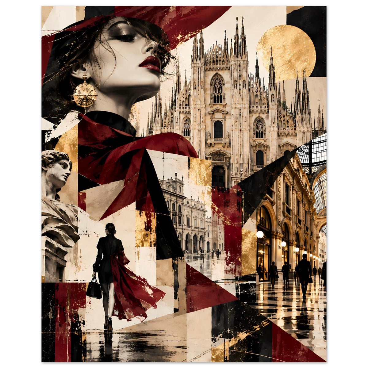 Wandposter-Collage mit Frauengesicht im Profil, gotischem Dom, Flaggenmuster und goldener Sonne