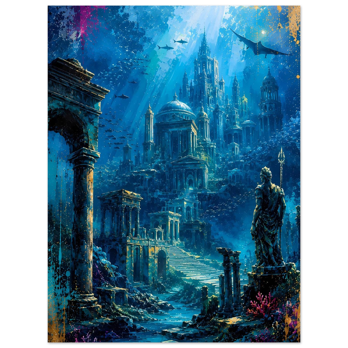 Poster mit Unterwasserstadt, Säulen links und Statue rechts im tiefen Blau