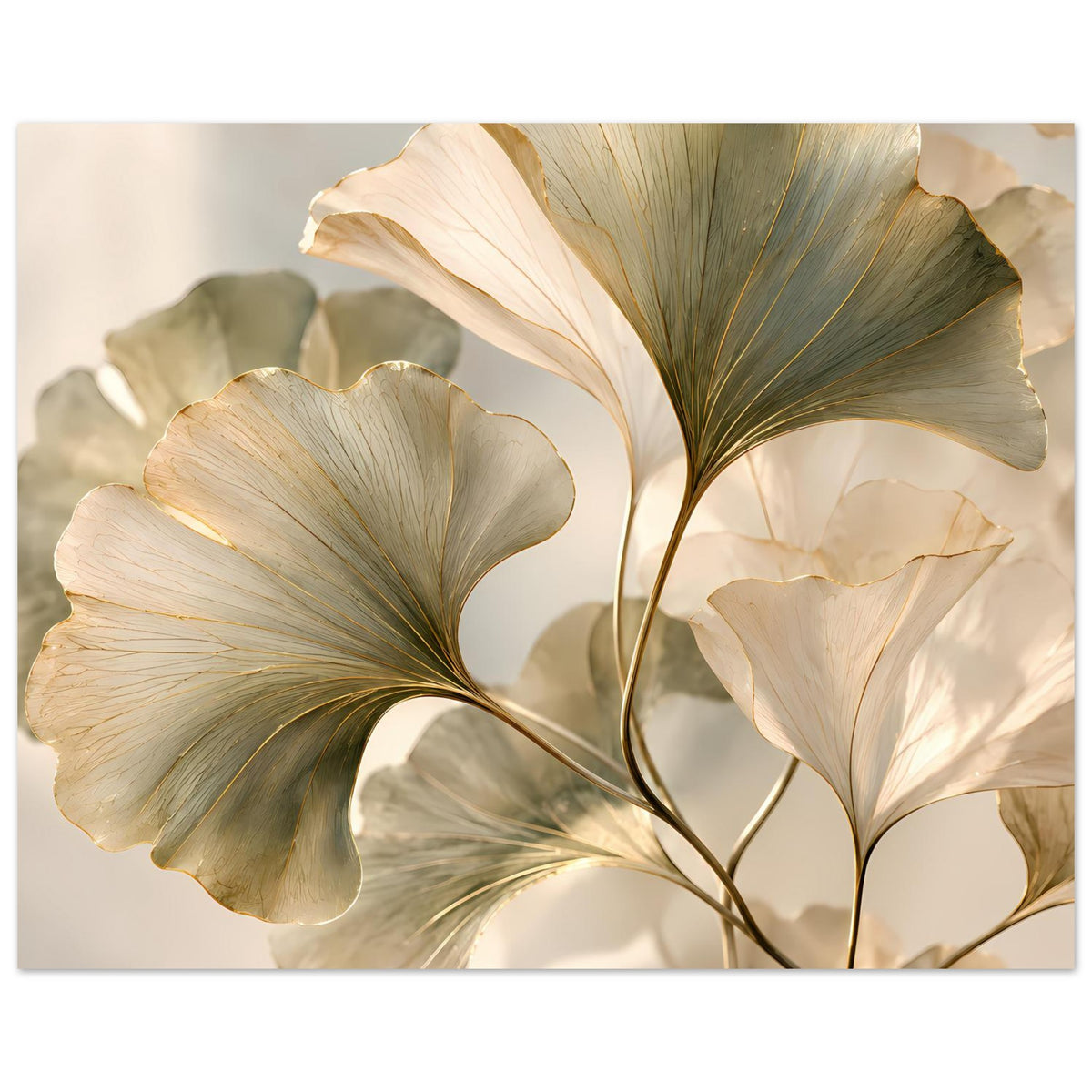 Botanisches Blätterposter, quer zugeschnitten: cremefarbene Blätter, goldene Adern, grüne Mitte