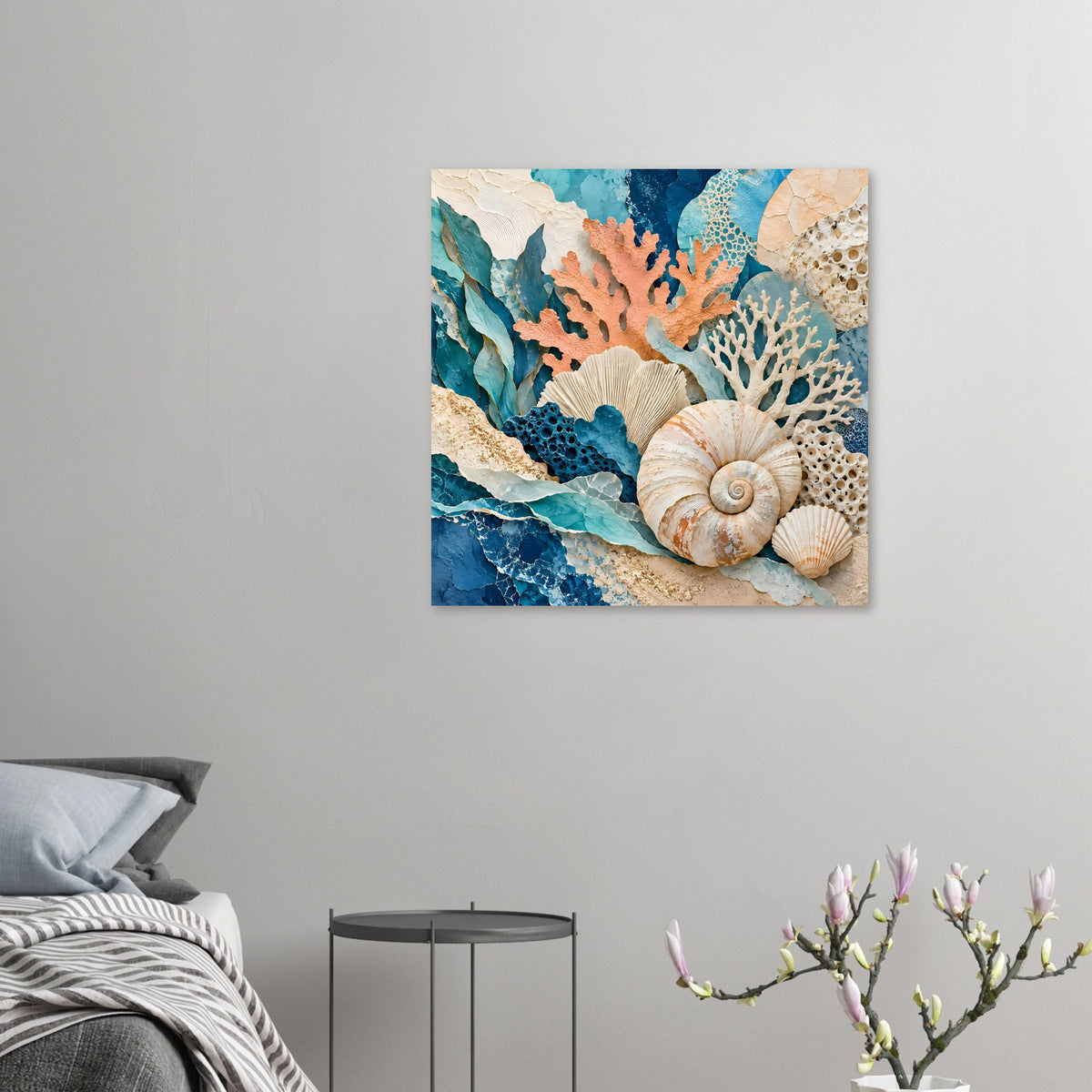 Meerestief-Poster im Kleinformat: Muscheln und Korallenmotiv in Blau- und Erdtönen