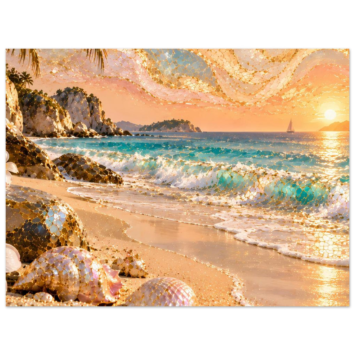 Strandlandschafts-Poster mit goldenen Mosaikakzenten: Muscheln, Meer und Sonnenuntergang am Ufer