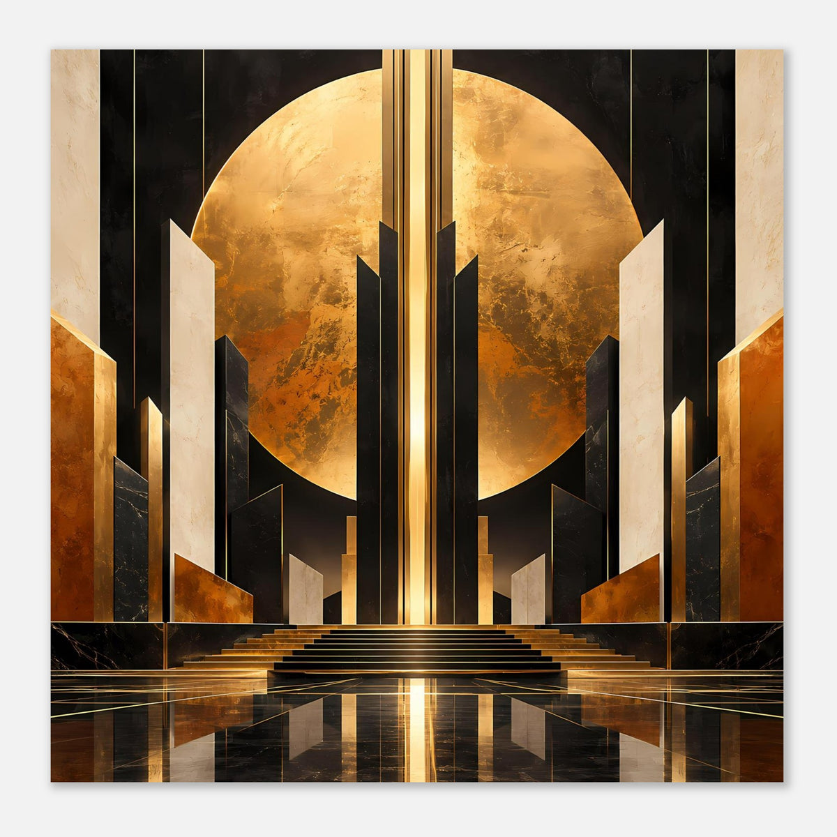 Art-Deco-Poster mit goldenem Kreis, schwarzen Säulen und glänzendem Spiegelboden