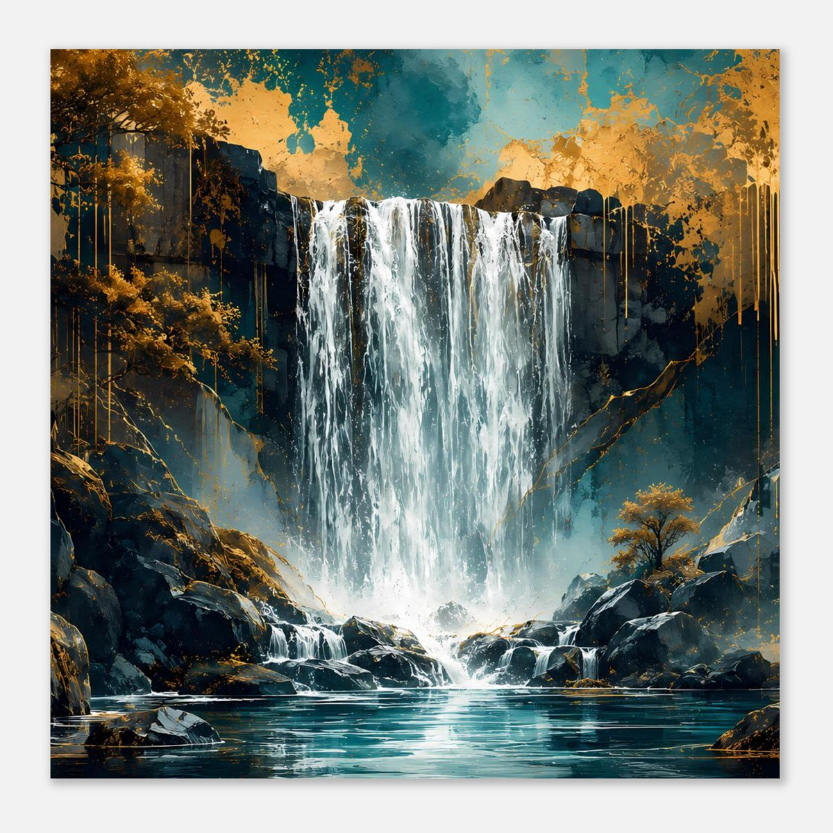 Poster mit Wasserfall und Felsen im Vordergrund, Türkis und goldene Akzente