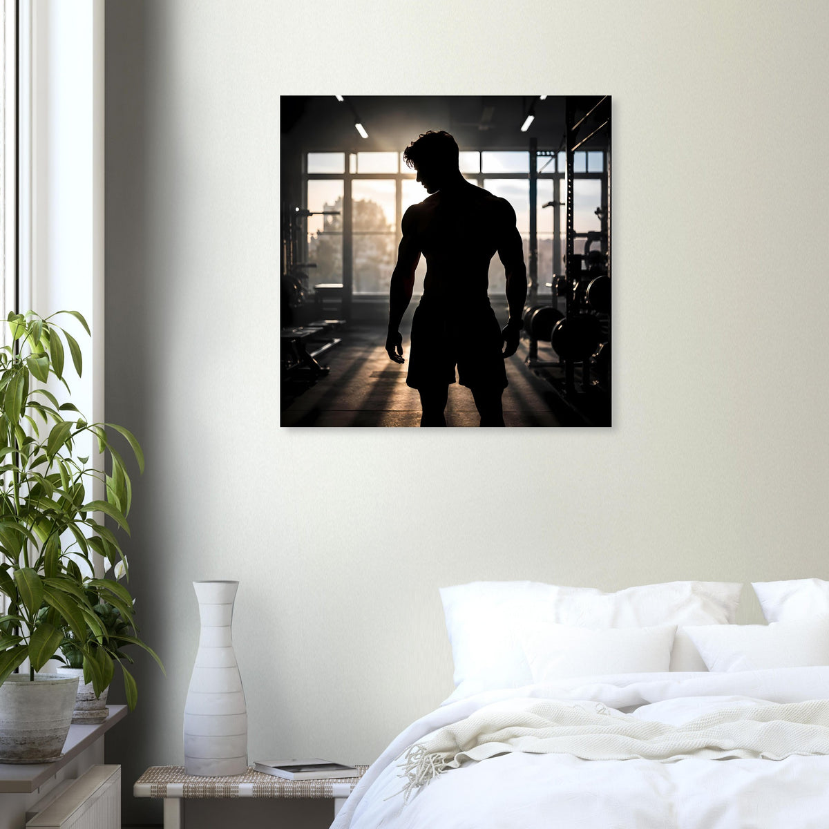 Motivationsposter: silhouettierte Person vor Trainingshalle, vorwärts, dunkler Umriss