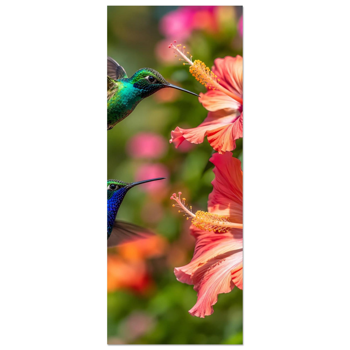 Schmales Postersegment mit Kolibri und Hibiskusblüten