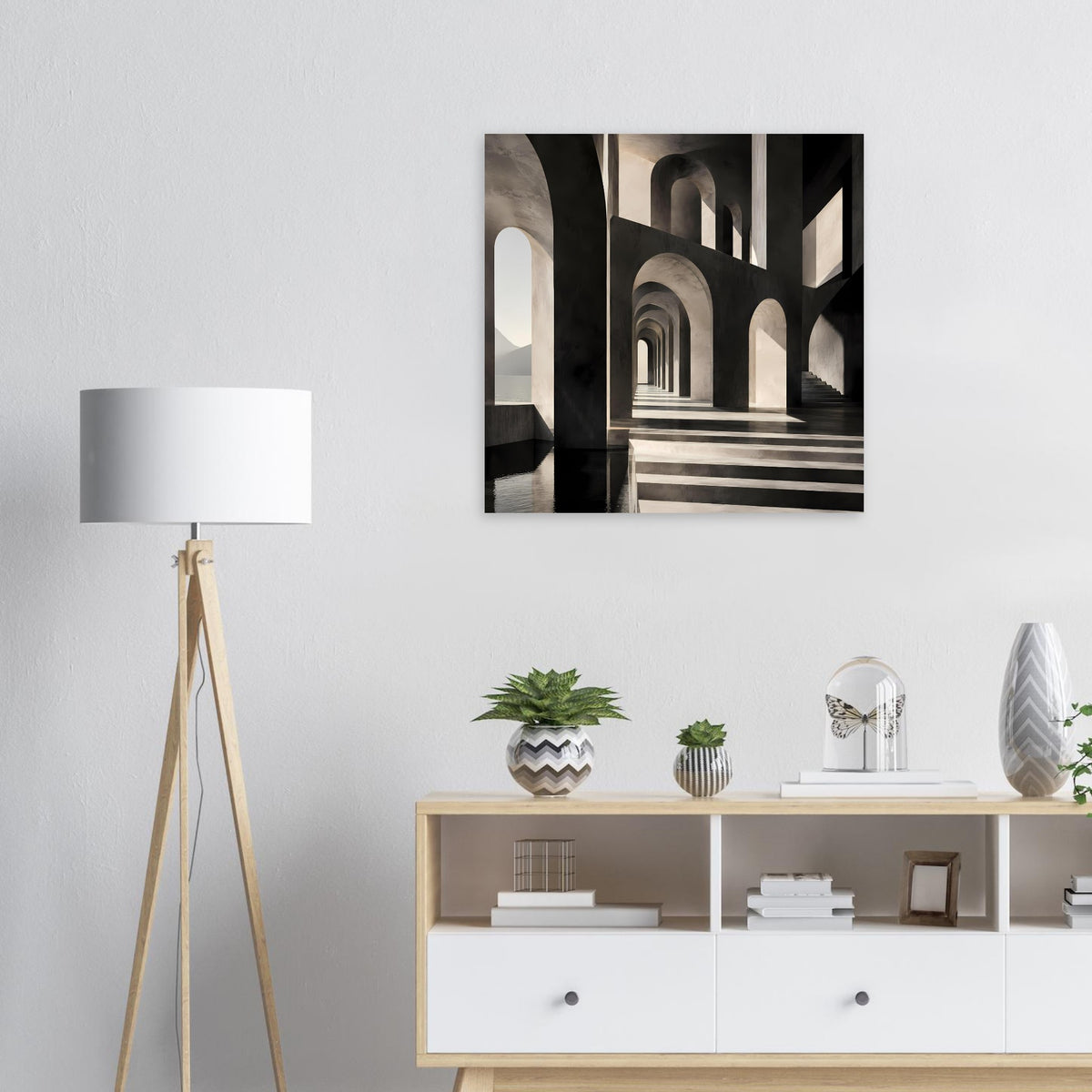 Architekturposter mit Fluchtlinie und Rundbögen in Schwarz‑Weiß