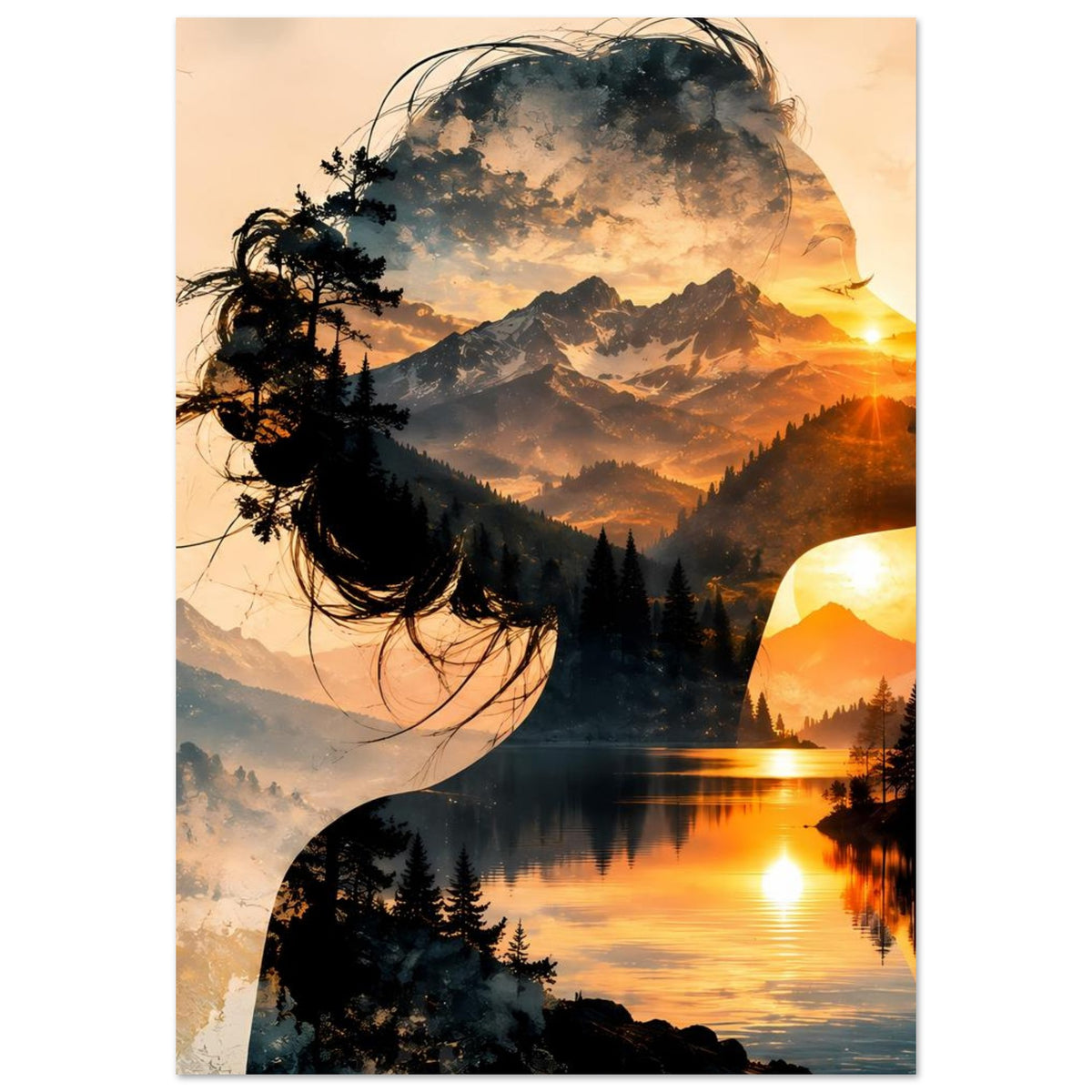 Doppelbelichtungs-Poster: Frauensilhouette über Bergsee, Sonnenuntergang-Landschaft, mit Vögeln