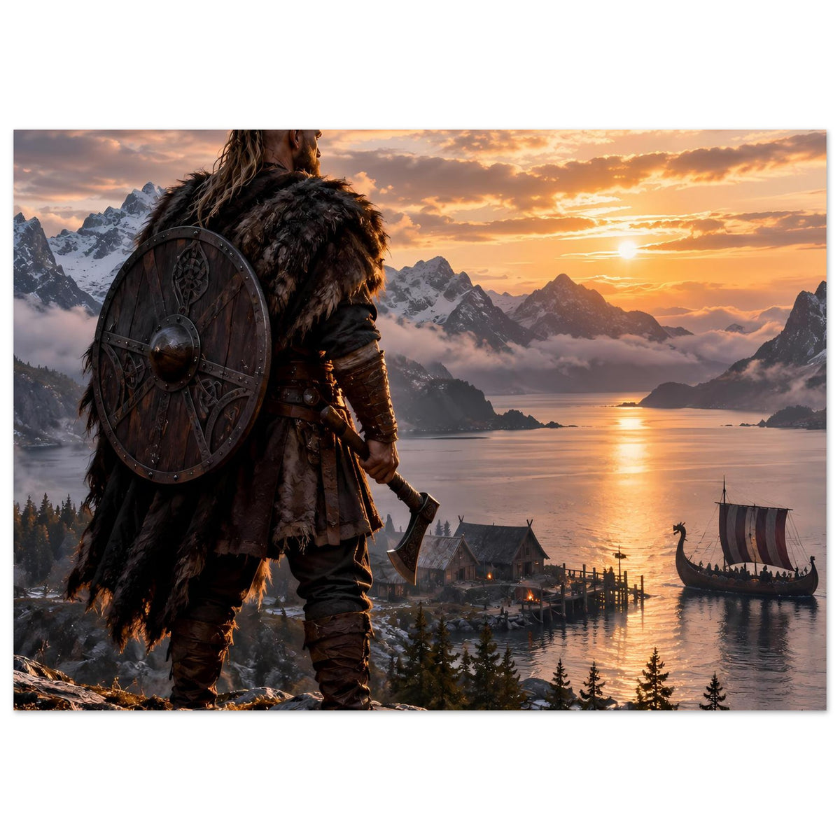 Vikingerposter mit Langschiff und Krieger mit Rundschild vor Abendfjord