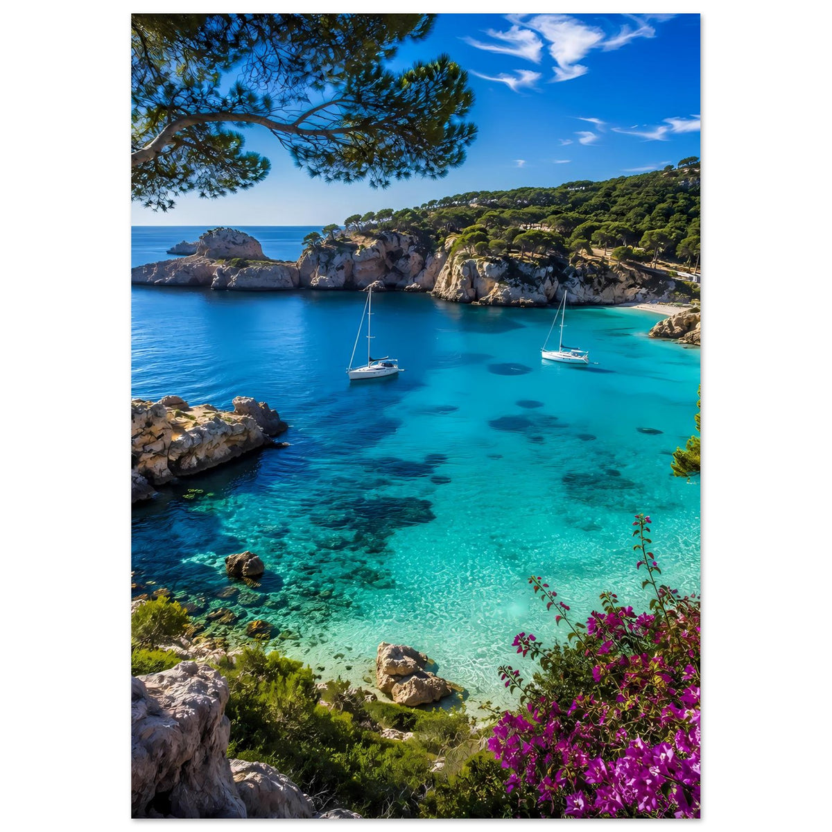 Mediterranes Küstenfoto-Poster mit türkisblauem Meer, zwei Segelbooten, Felsküste und violetten Blüten