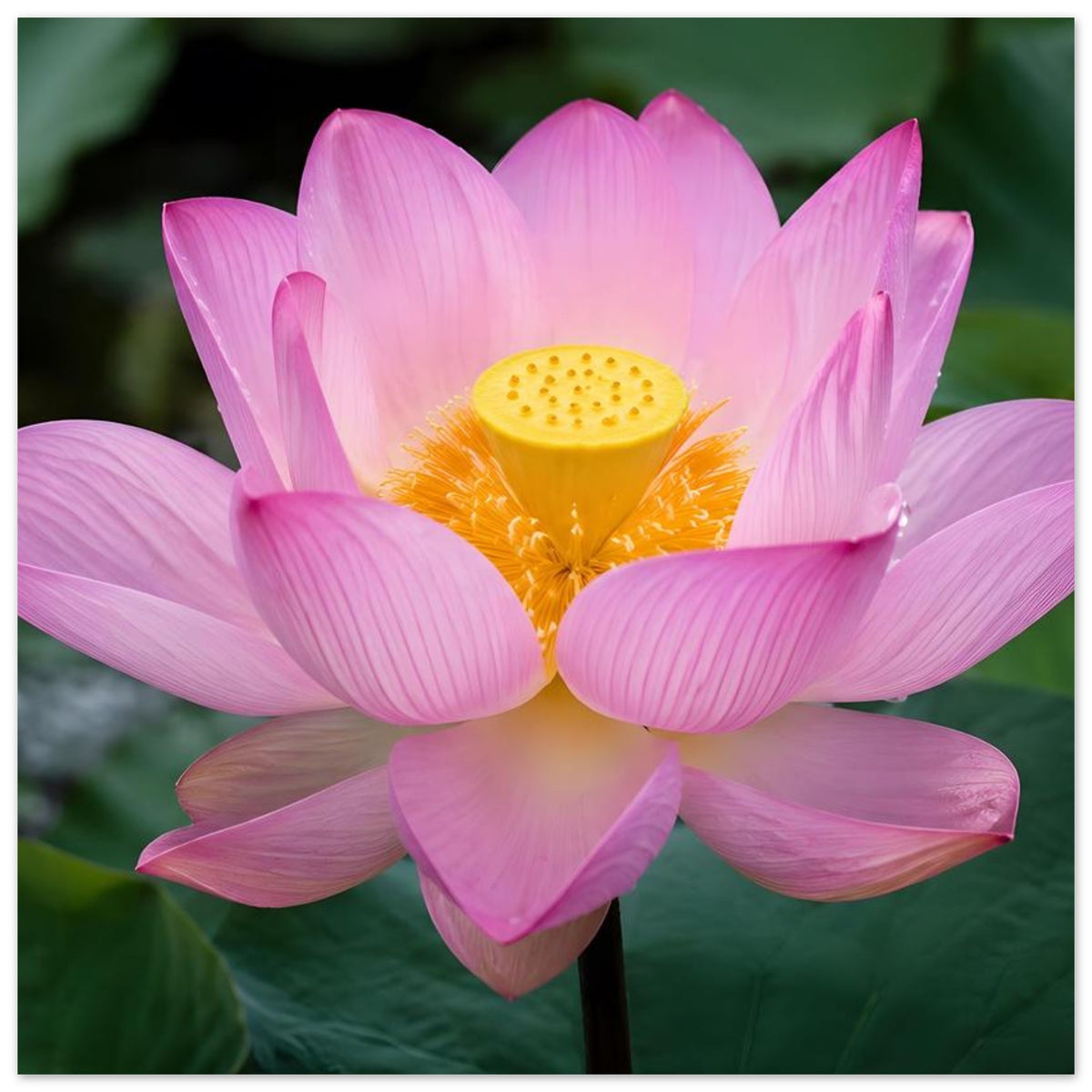 Lotusblüten-Poster: rosa Lotusblüte mit gelbem Zentrum, klarer Nahausschnitt