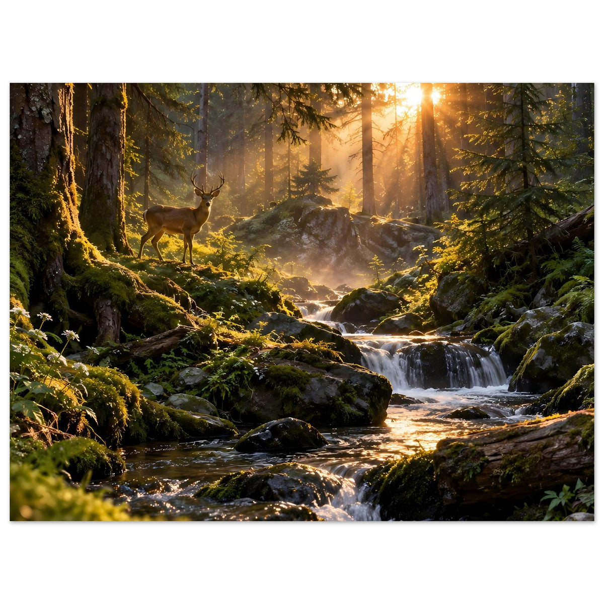 Poster mit Hirsch im Morgenwald und Bachlauf mit kleinen Wasserfällen
