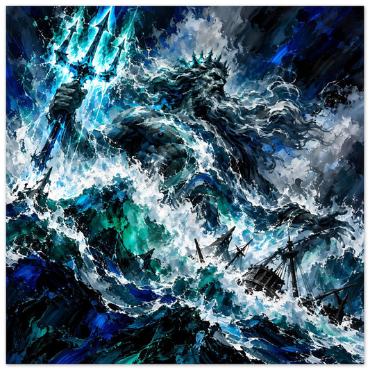 Sturm-Poster mit Poseidon über tobendem Meer, Blitzen und Segelschiffen