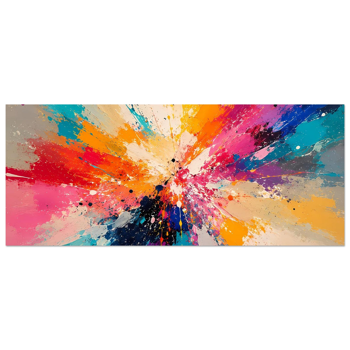 Abstraktes Kunstposter im Querformat mit Explosion-Motiv und bunten Spritzern