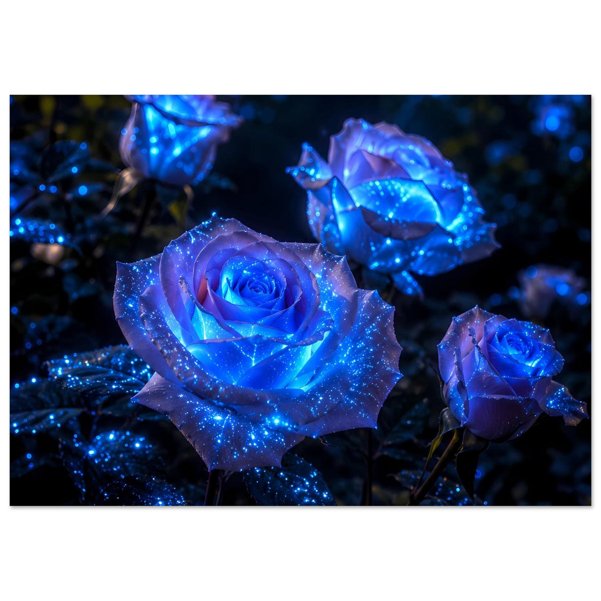 Querformatiges Rosenposter: blaue leuchtende Rosen, umgeben von glitzernden Lichtern