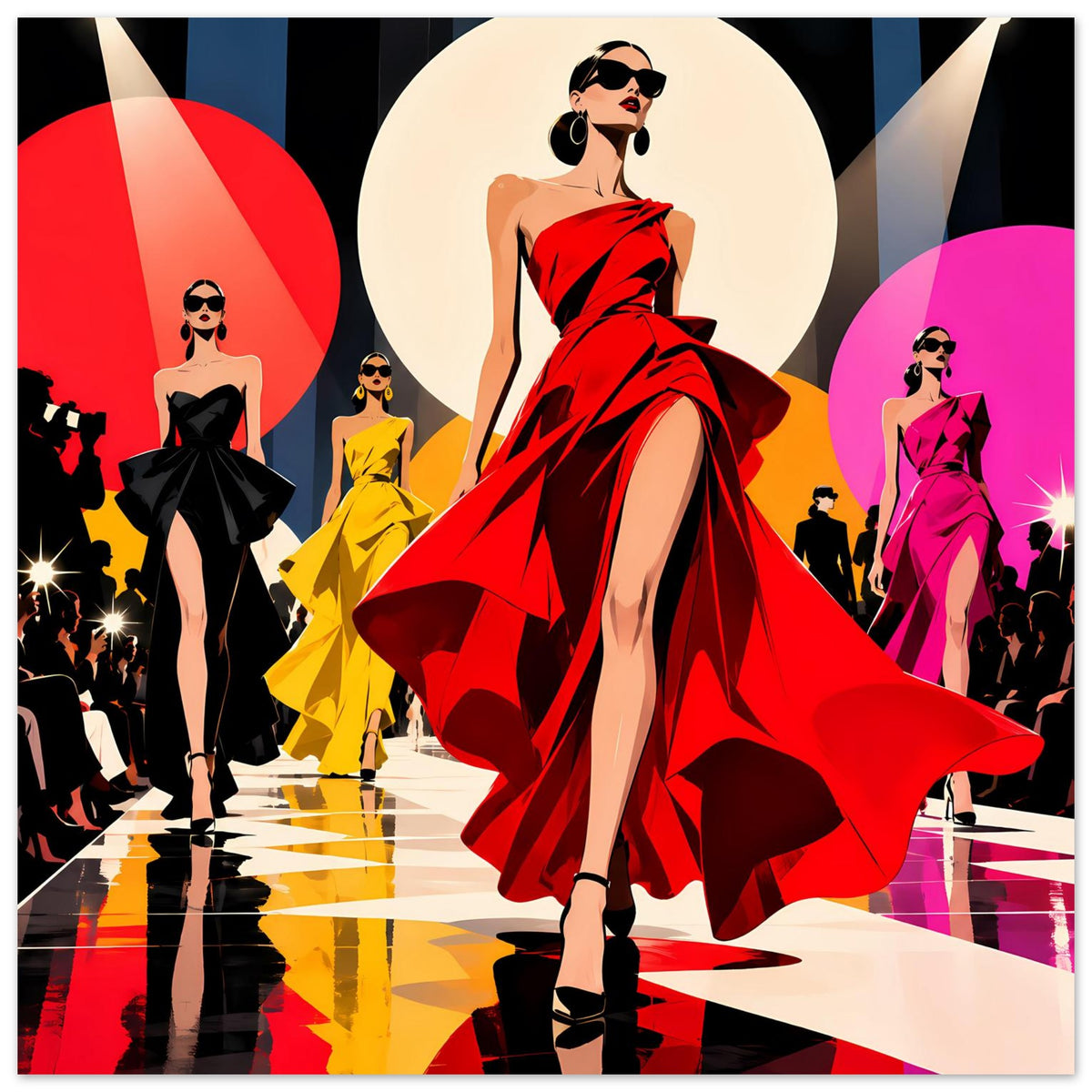 Wandposter mit Pop-Art-Look: Frau im roten Abendkleid mit weit schwingendem Rock