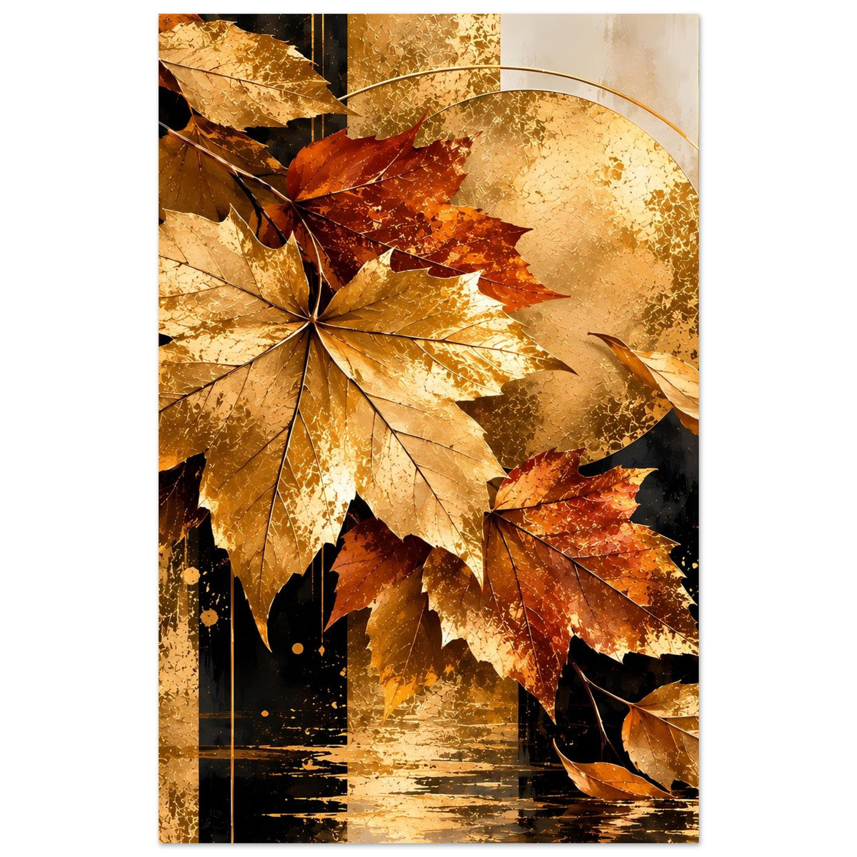 Herbstposter: goldene Ahornblätter mit rotem Blattzentrum und Kreis im Hintergrund