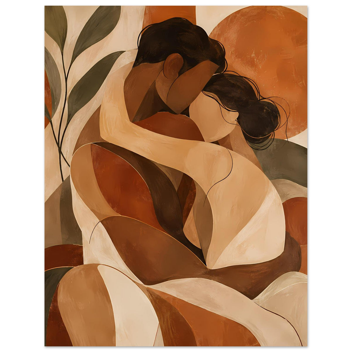 Kunstposter mit abstrakter Umarmung, große Kreisformen und Figuren in warmen Farben