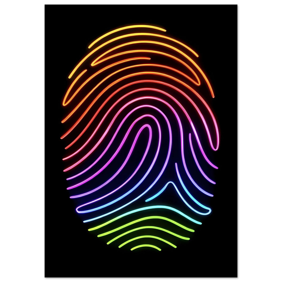 Neon-Regenbogen-Fingerabdruck-Poster mit konzentrischen Linien in Regenbogenfarben auf schwarzem Grund