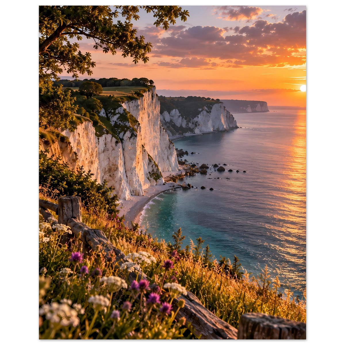 Vertikales Poster mit weißen Klippen, Blumen am Abhang und Meer bei Sonnenuntergang