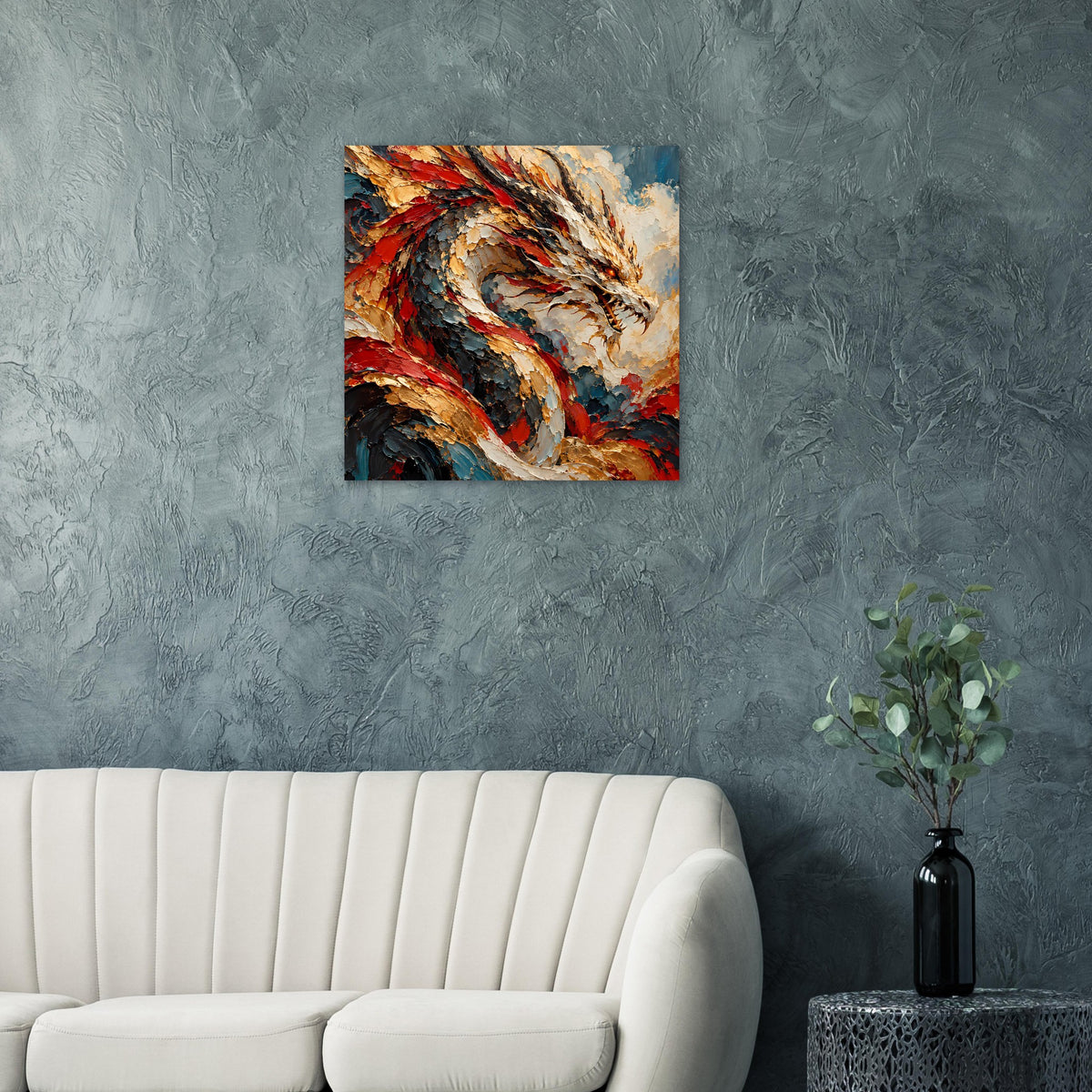 Wandkunst-Poster mit Drachen in Rot und Gold, schimmernde Flammenwirbel
