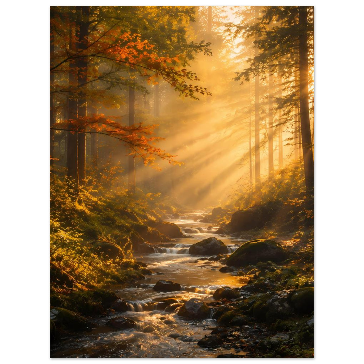 Vertikales Wandposter: Sonnenstrahlen durch hohe Bäume, Herbstlaub, fließender Bach und Steine
