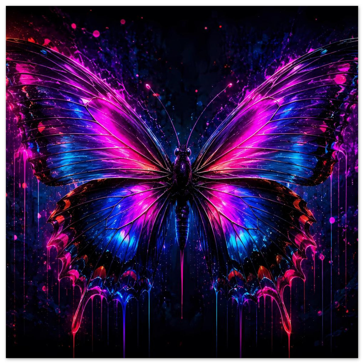 Neon-Schmetterling Poster mit leuchtenden Flügeln in Blau, Pink und Lila, zentriertes Motiv