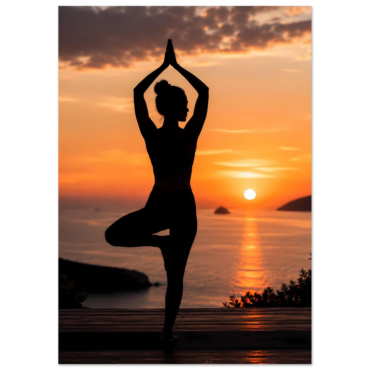 Yoga-Poster im Hochformat mit schwarzer Yogafigur in Lotussitz vor orangefarbenem Himmel