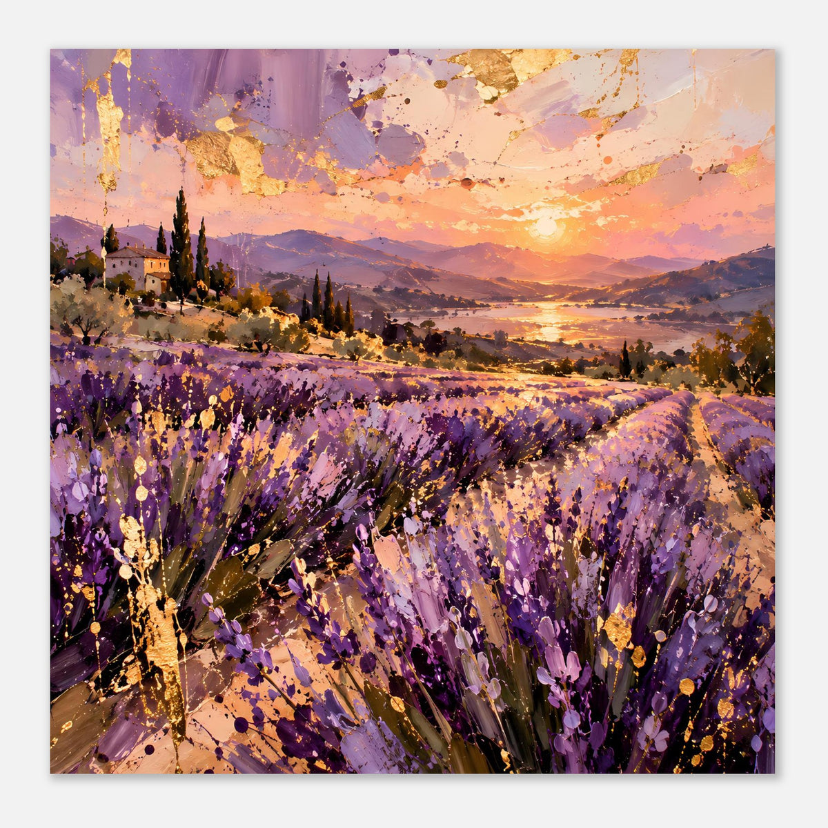 Landschaftsposter: lila Lavendelfeld, goldener Sonnenuntergang und Berge am Horizont