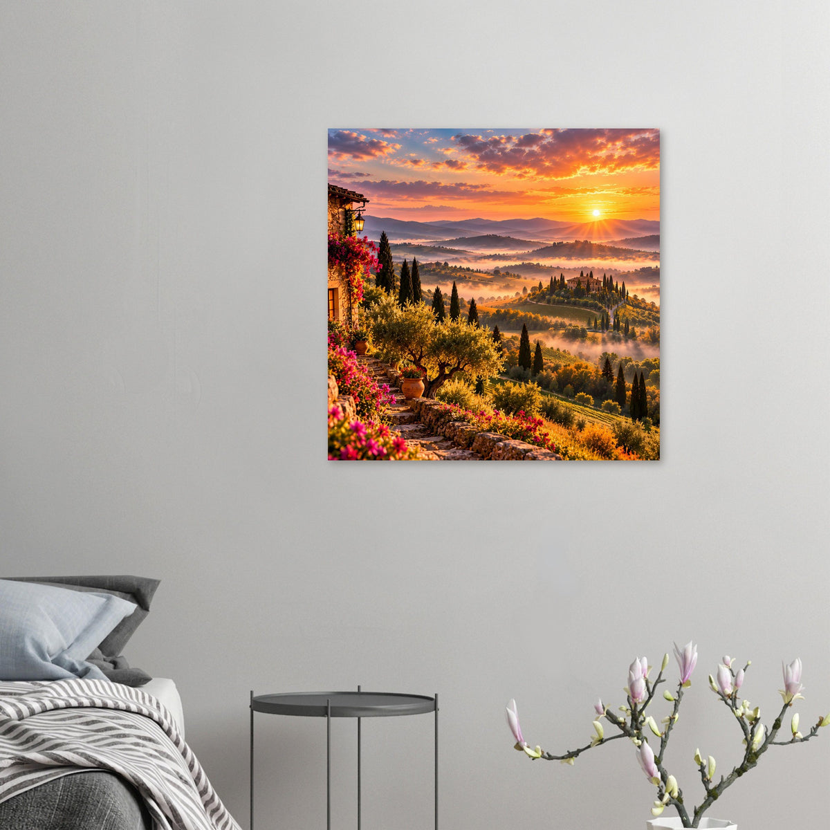 Kleiner Querformat-Posterdruck mit toskanischem Sonnenuntergang, Zypressen und Olivenbäumen