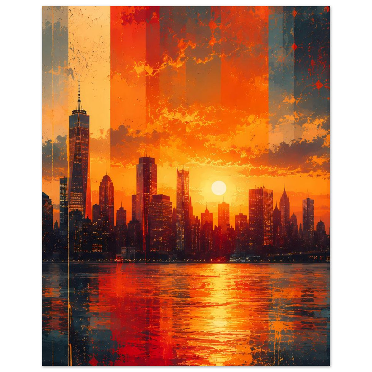 Stadtlandschafts-Poster, vertikal: Skyline bei orange-rotem Sonnenuntergang mit Wasserspiegelung