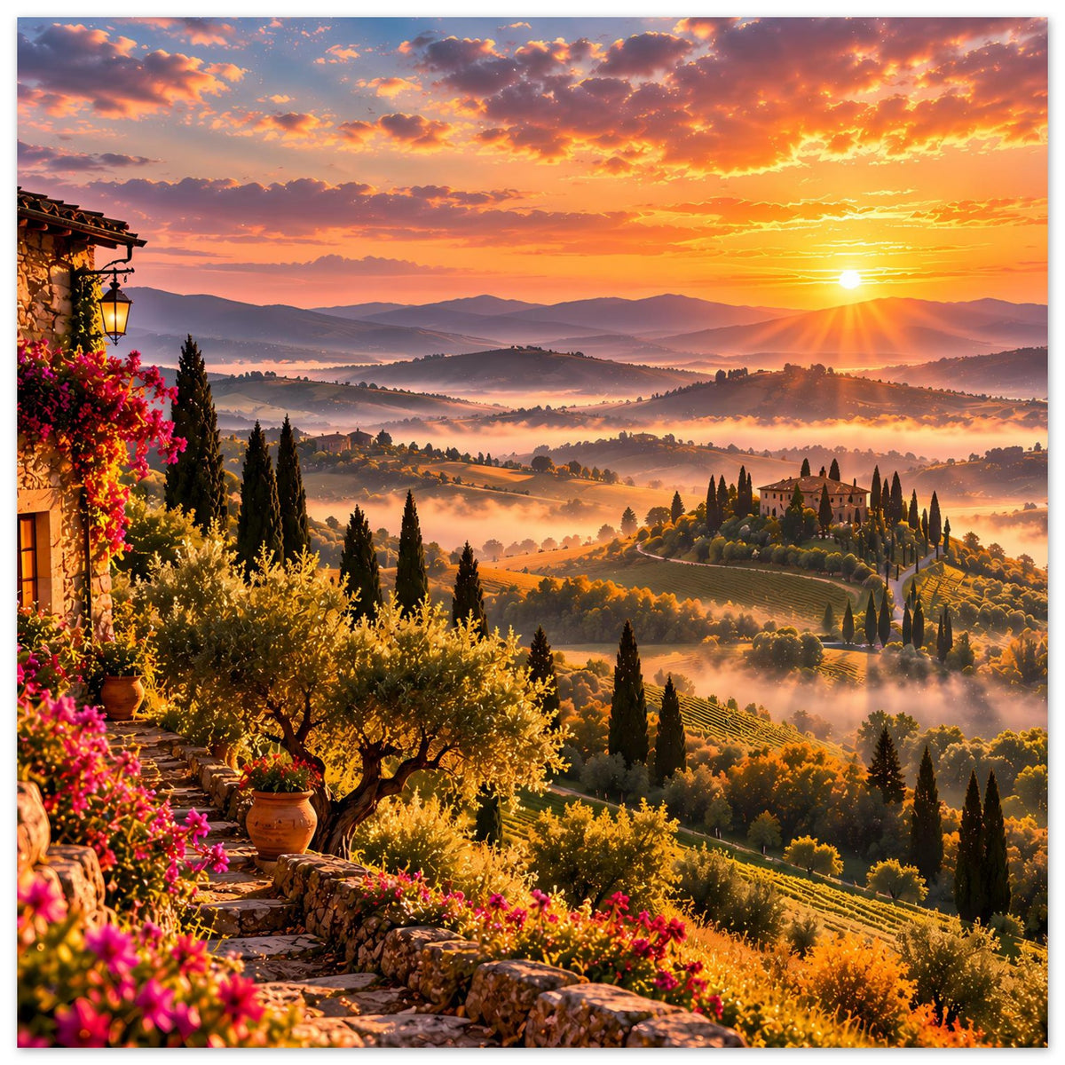 Poster mit toskanischer Landschaft bei Sonnenuntergang, Zypressen, Talnebel und Blumen am Balkon