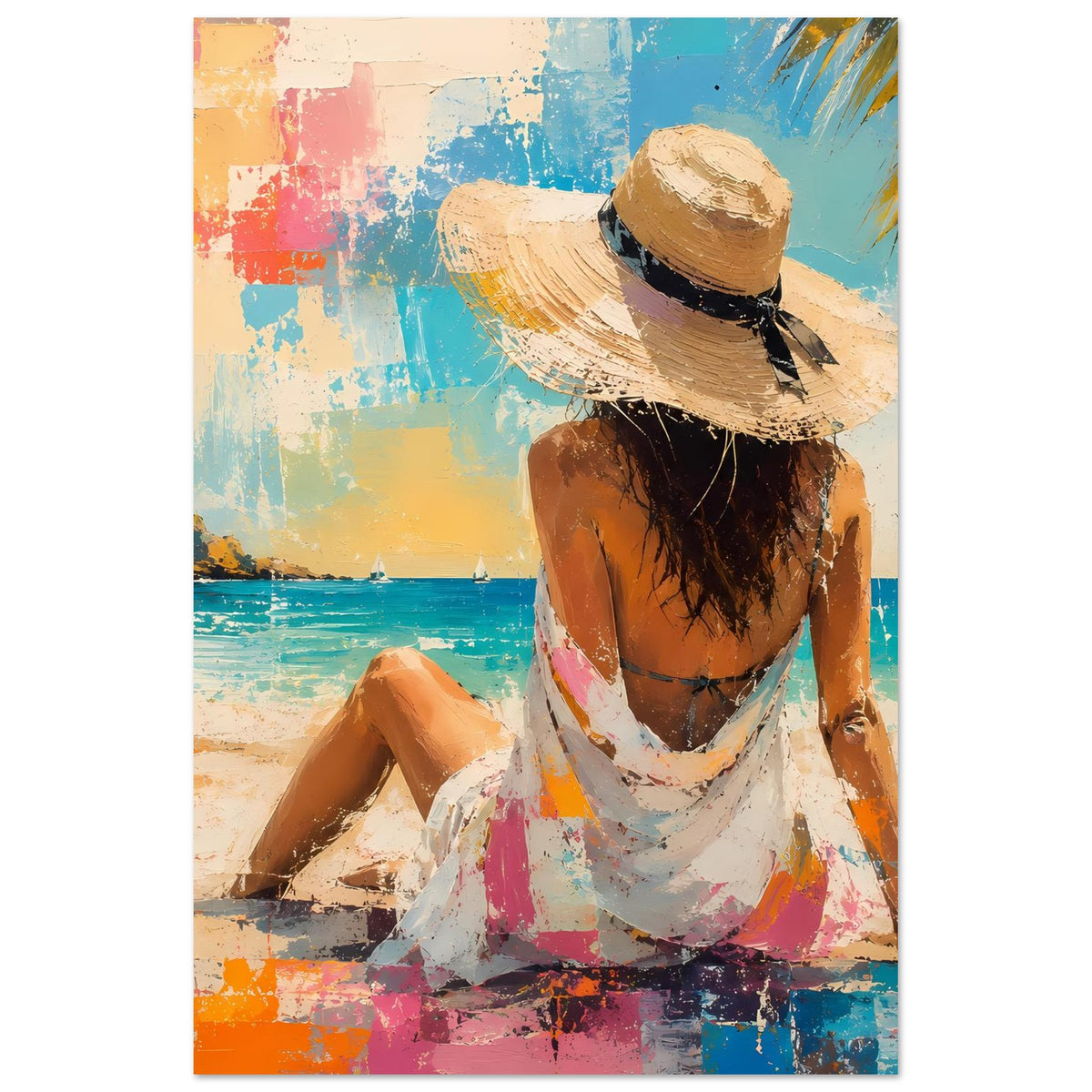 Sommerposter, hochkant: Frau im Strohhut mit breitem Hutband, Rückenansicht am Strand