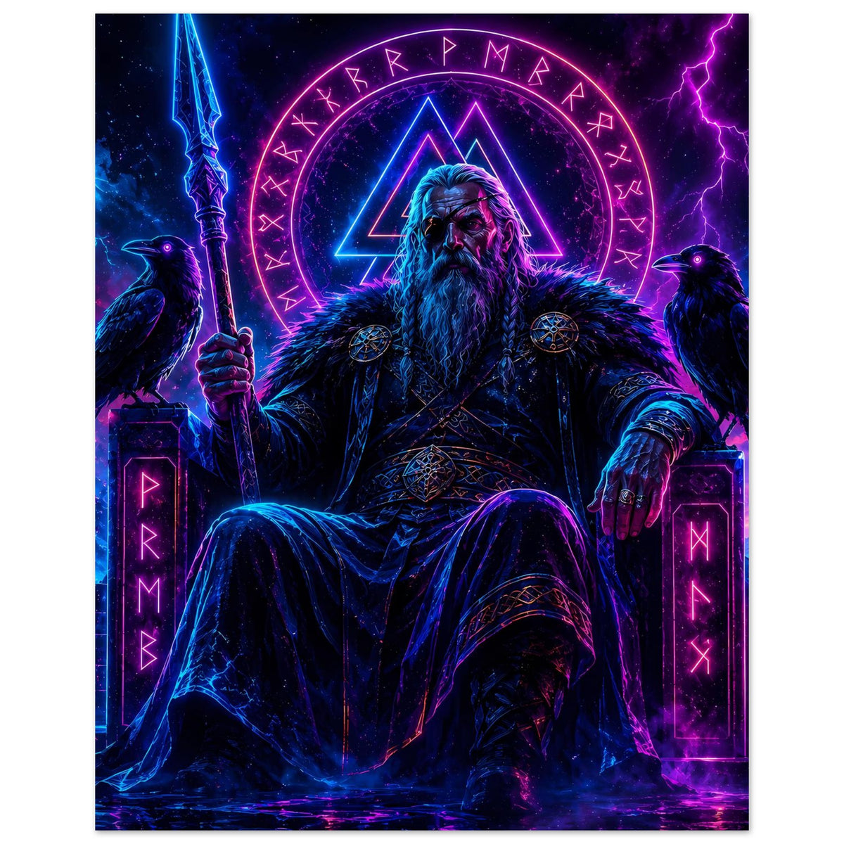 Nordisches Fantasy-Poster im Hochformat: Wikingerkönig mit leuchtendem Runenkreis und Blitz.
