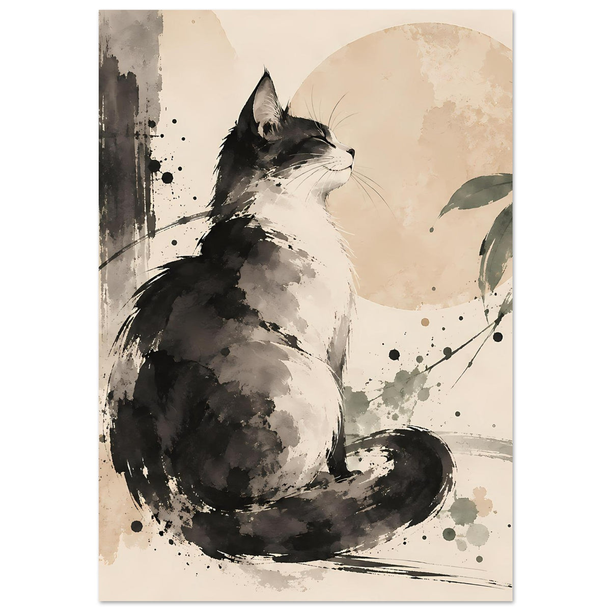 Poster mit Profil der sitzenden Katze in Schwarz/Grau, aquarellartige Spritzer und Blätter