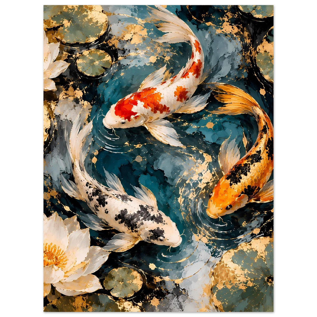 Kunstposter mit Koi-Fischpaar, weiß-rote und orange Färbung, Teichmuster und Lotusblüte