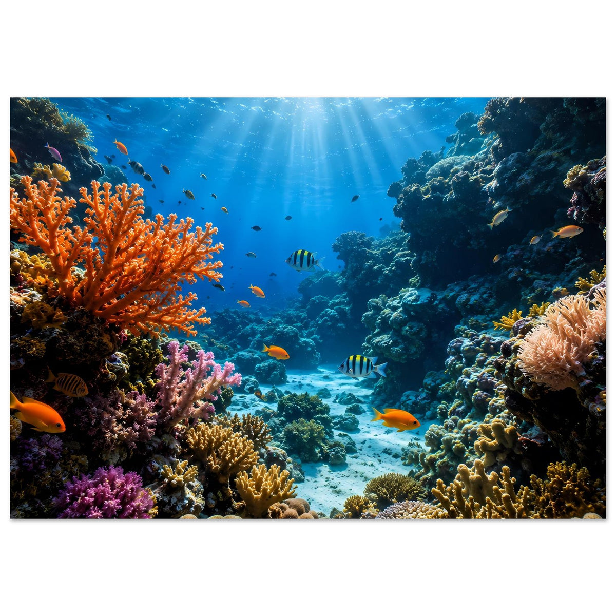 Unterwasser-Poster: Korallenriff mit Fischen und bunten Korallen, blaues Türkiswasser