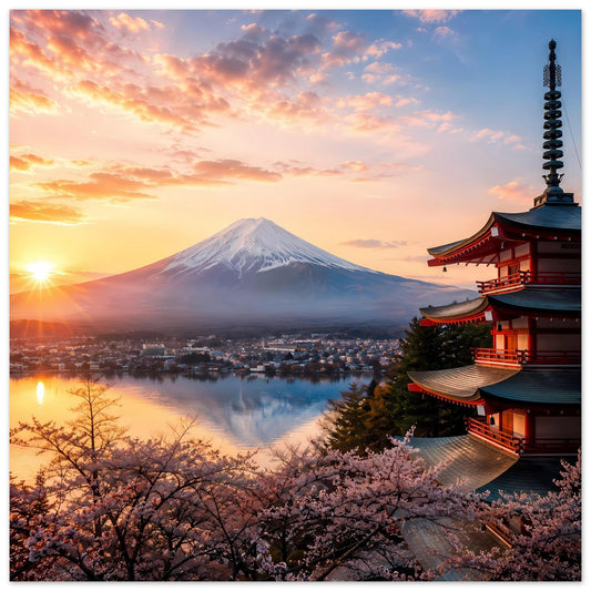 Landschaftsposter mit Fuji, Kirschblüten und japanischem Tempel bei Sonnenaufgang