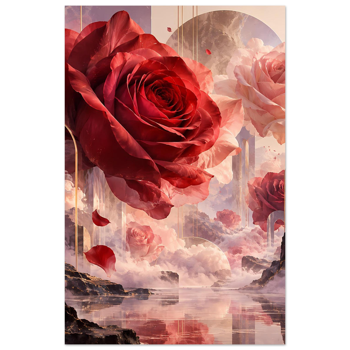 Vertikales Kunstposter mit großer roter Rose und rosafarbener Rose im Wolkenmotiv