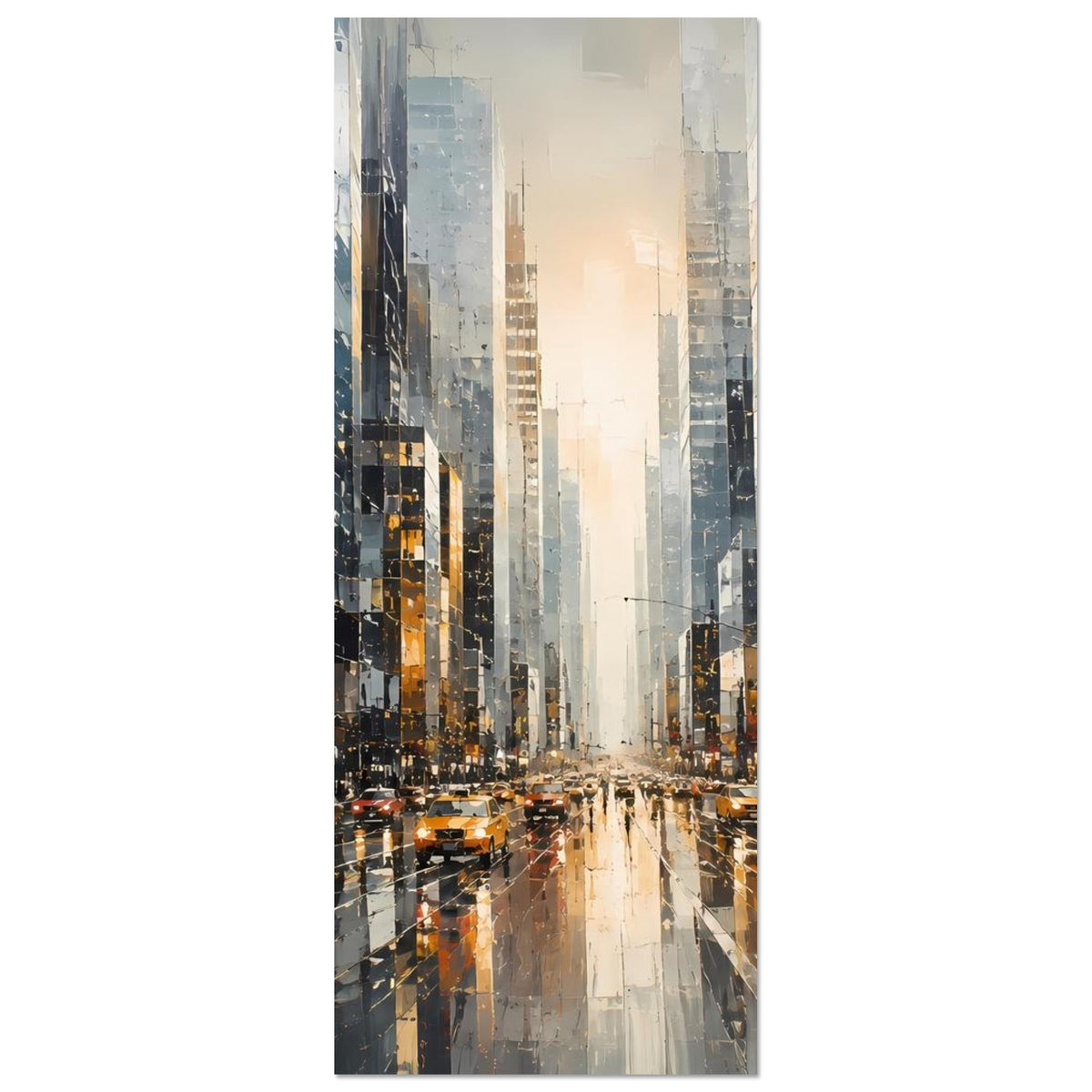 Vertikales Stadtposter mit Großstadtstraße, Hochhäusern und gelben Taxis, reflektierende Fahrbahn