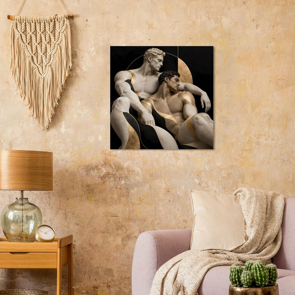 Sculptural Poster im Querformat mit drei Aktfiguren und goldenen Akzenten