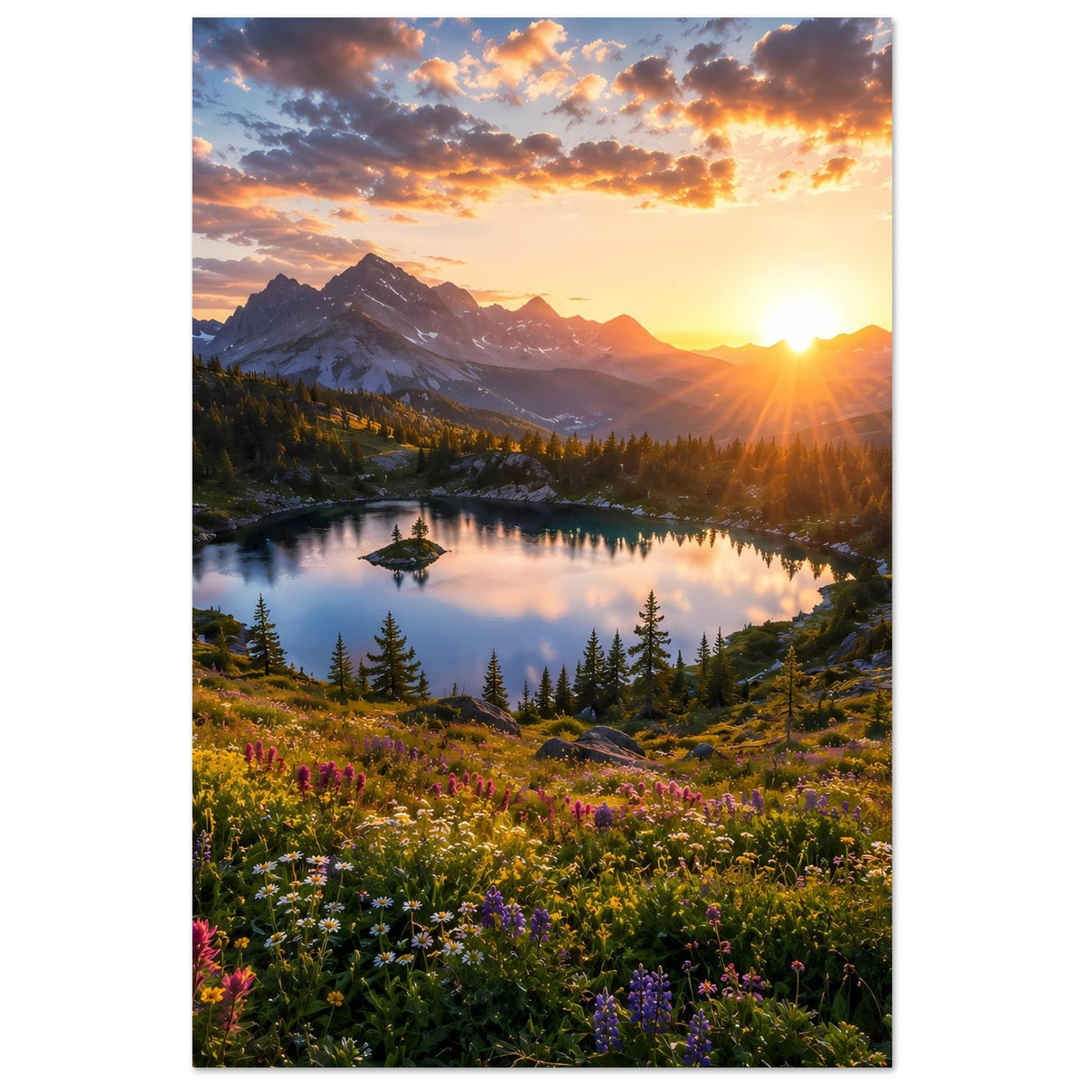 Vertikales Poster mit Bergsee, Sonnenuntergang über den Gipfeln und Blüten im Vordergrund