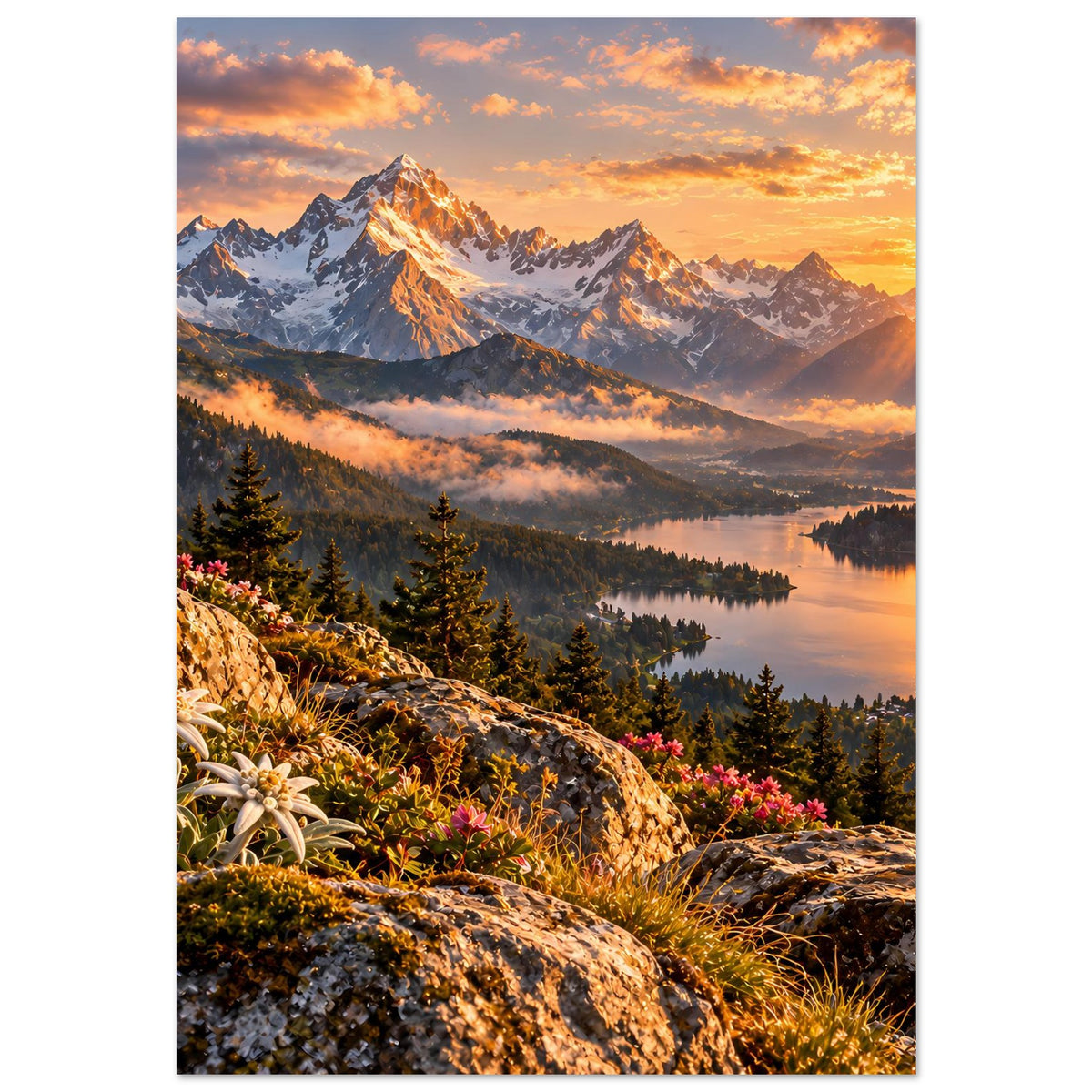 Hochformat-Poster mit schneebedeckten Bergen, Talmulde und Abendsonne über dem See