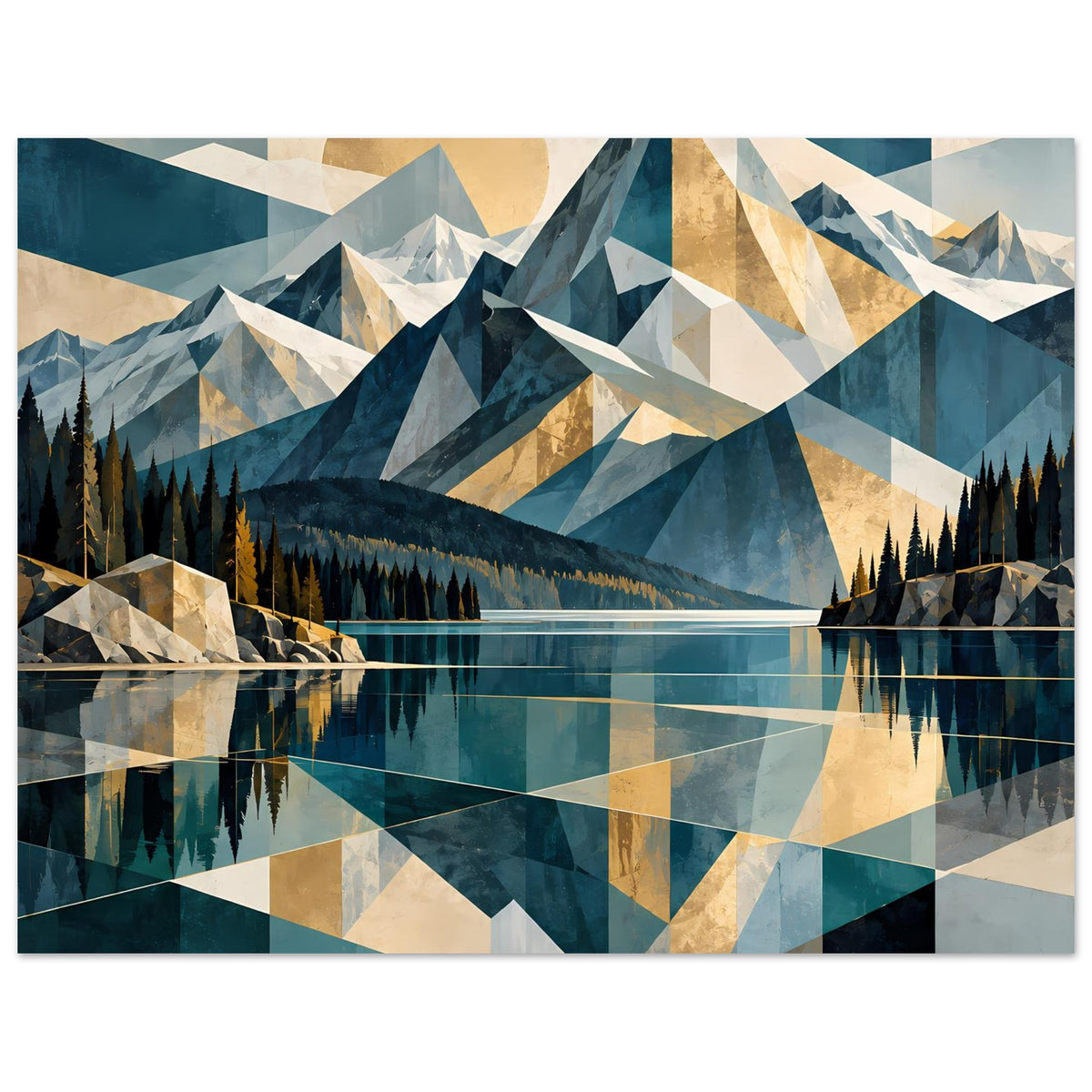 Wandposter Panorama: geometrische Berge, türkisblauer See mit Reflexion, Tannenwald