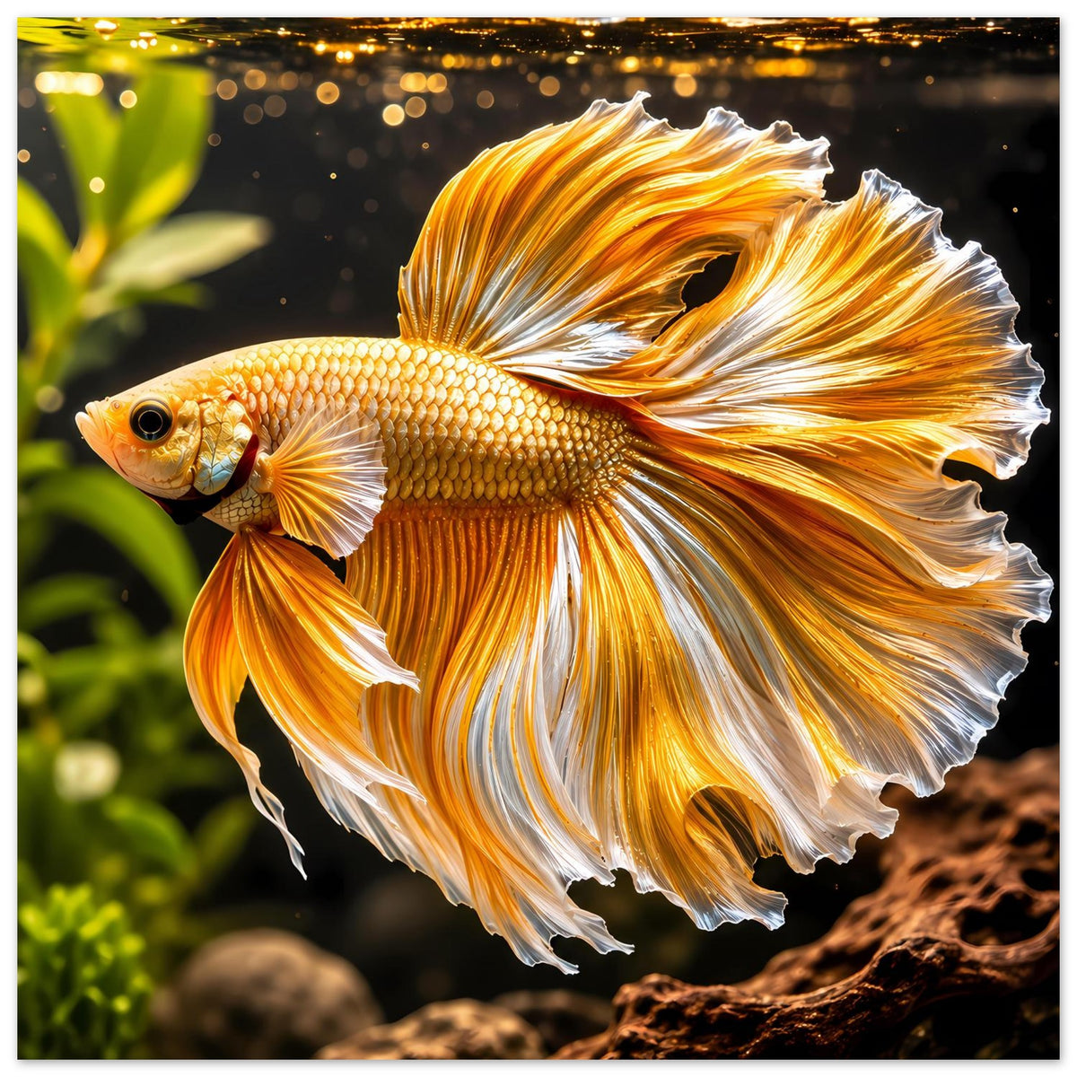 Deko-Poster: goldfarbener Kampffisch mit geöffneten Flossen in Orange und Weiß