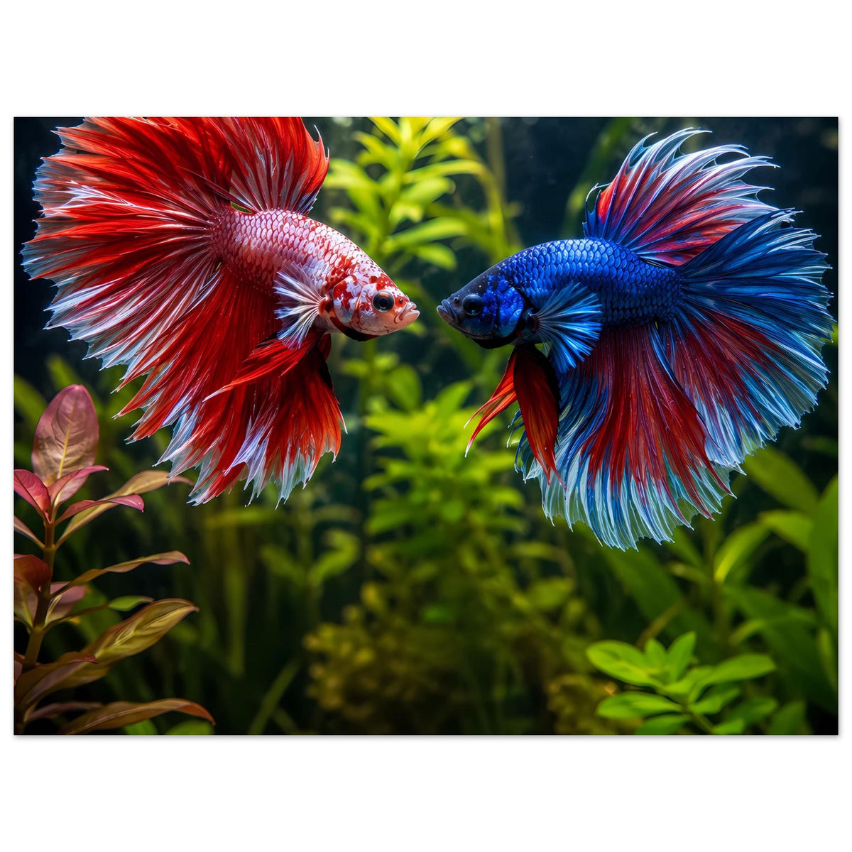 Poster im Querformat: roter und blauer Kampffisch Betta gegenüber, lebendige Flossen und Pflanzen