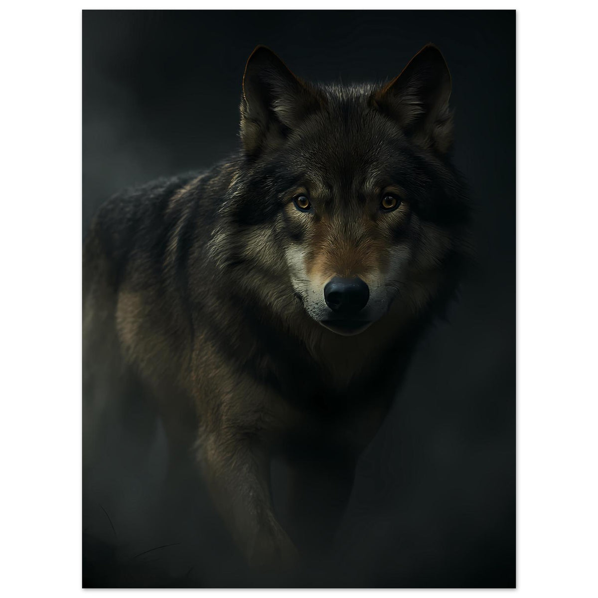 Wolfporträtposter mit Blick nach vorn, grauschwarzes Fell, gelbliche Augen und dunkler Hintergrund