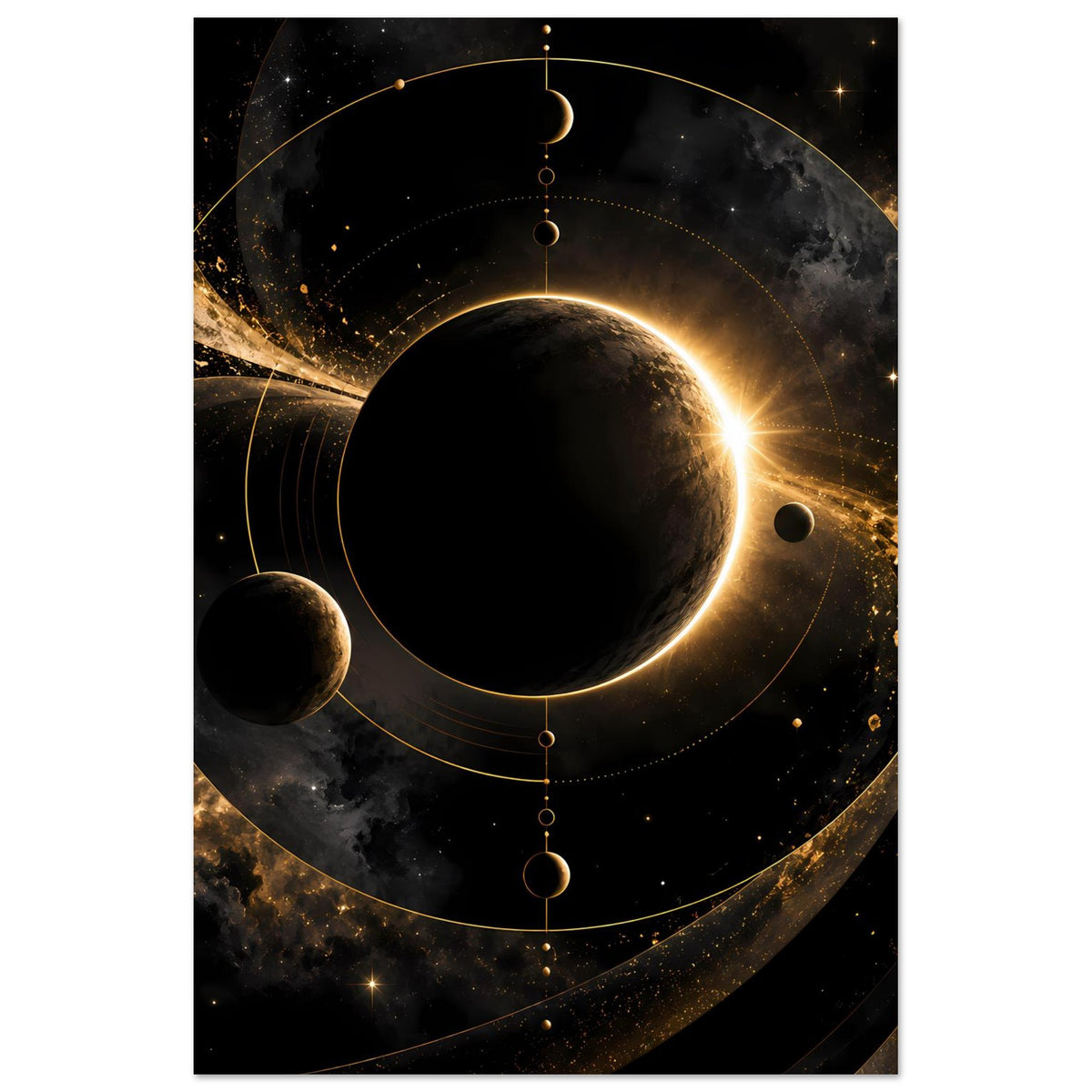 Weltraum-Poster mit Planeten und gold schimmernder Ringstruktur um einen dunklen Sternenkörper