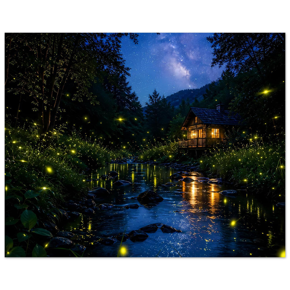 Waldposter: Nachtlandschaft mit Bach, leuchtenden Punkten am Wegesrand und warmem Fensterlicht